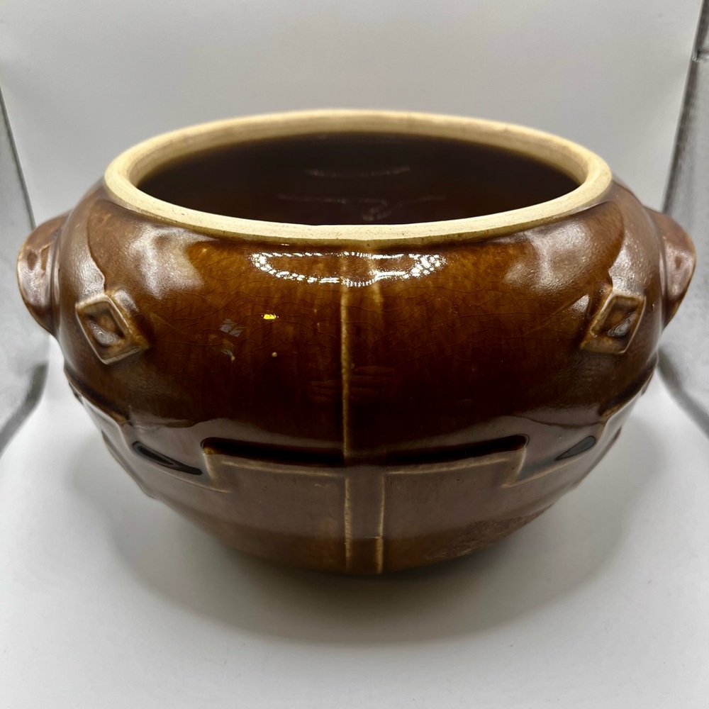 Monmouth Pottery Stoneware Bean Pot Large Aztec Southwest Design Brown Glaze